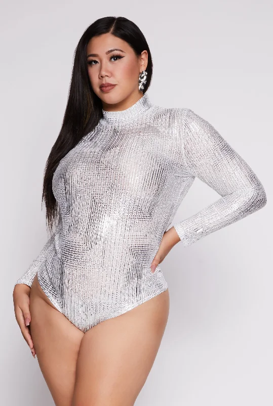 Sleeveless Bodysuits for a Cool and Casual Summer LookPlus Size Foil Screen Mock Neck Bodysuit