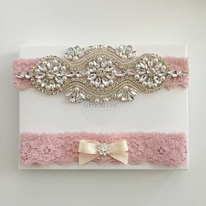 hypoallergenic women gartersLEILA | Dusty Pink Lace Wedding Garter Set with Crystals and Pearls