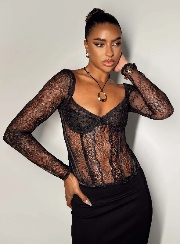 breathable women bustiers and corsets materialsSome Like It Hot Long Sleeve Lace Corset Black