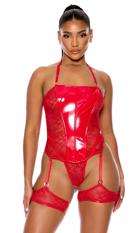 Perfect Pair Vinyl and Lace Bustier Lingerie Set - Red