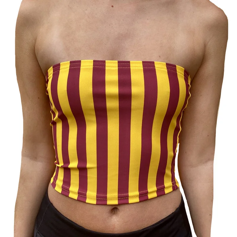 tassel - adorned women tube top for a playful and bohemian touchMaroon & Gold Striped Tube Top