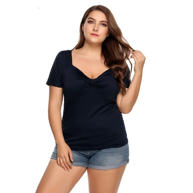 women sexy dresses made of stretchy fabricANALUKE Vintage Ruched Front Twist Knot Short Sleeve T-shirt