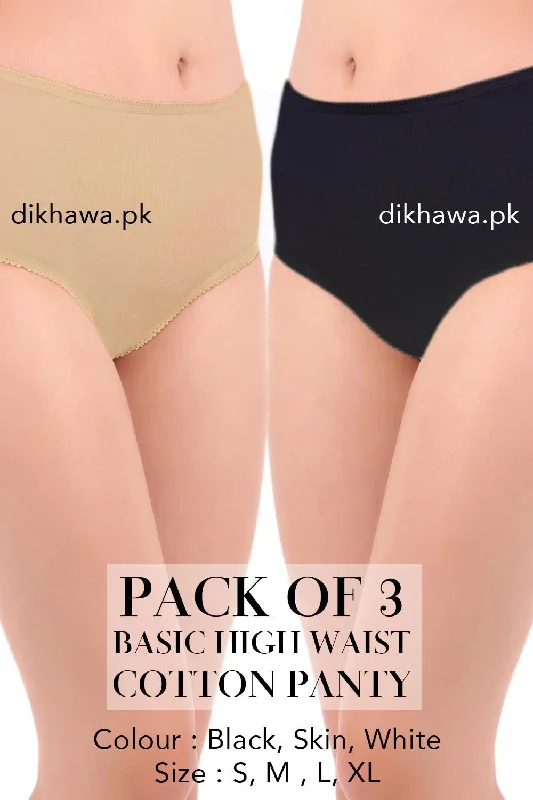 seamless anti - chafing panties for women for all - day comfortBasic High Waist Cotton Panty Pack of 3 - FL-512 - Black Skin & White