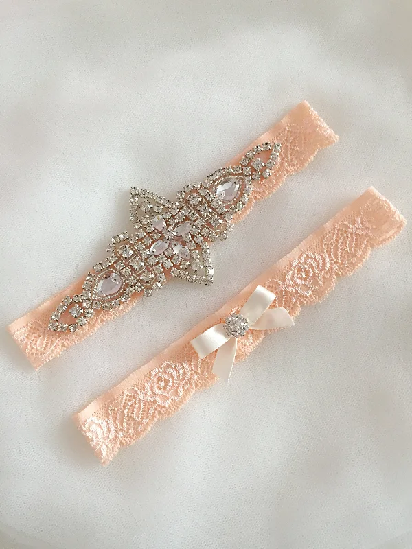 stretchy - material women gartersKENNA |Wedding Garter Set Crystals, Pastel Peach Wedding, Peach Bridal Accessories