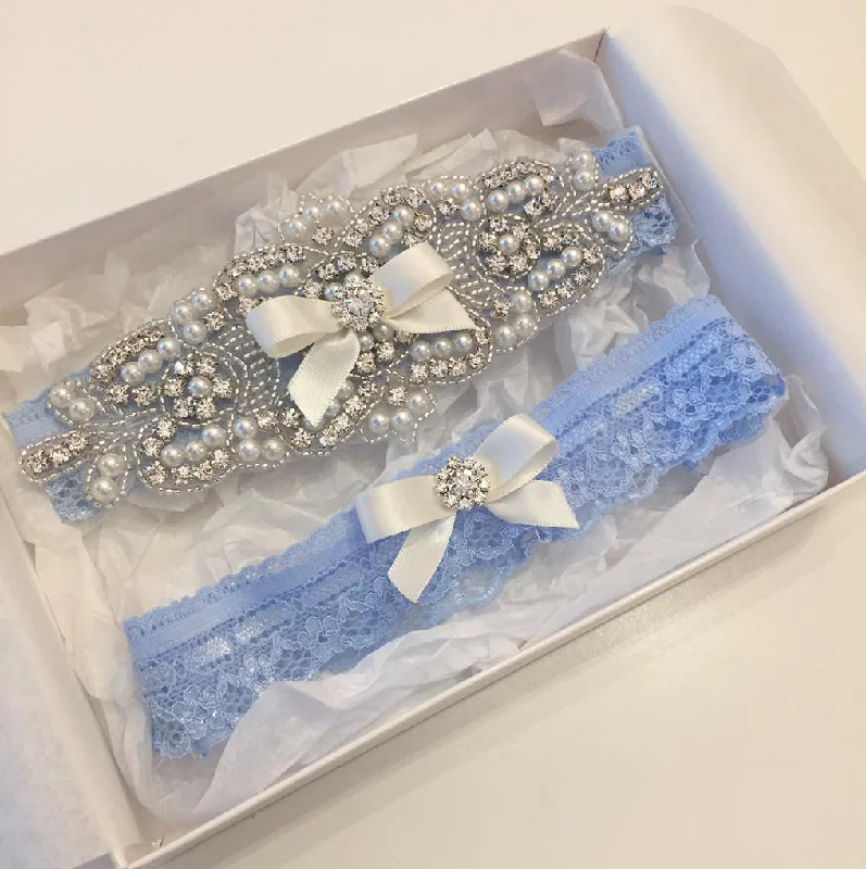 discreet women garters for everyday wearELISABETH II |  Blue Lace Wedding Garters with Crystals and Pearls - Something Blue Bridal