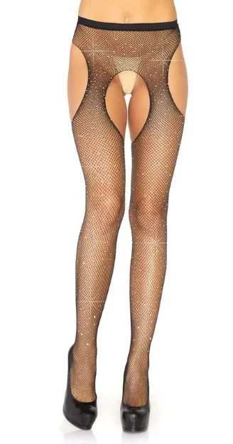 lace boyshort panties for women with a feminine lookLEG AVENUE CASEY RHINESTONE SUSPENDER PANTYHOSE BLACK O/S