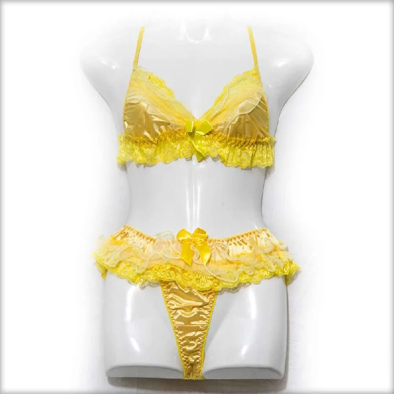 Net Lace Bra And Panty Set Yellow