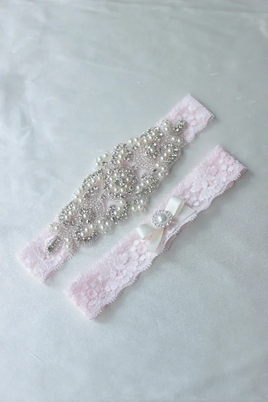 modern women garters fashion trendsELISABETH | Wedding Garter Set with Crystals and Pearls - Light Pink - Barbie pink