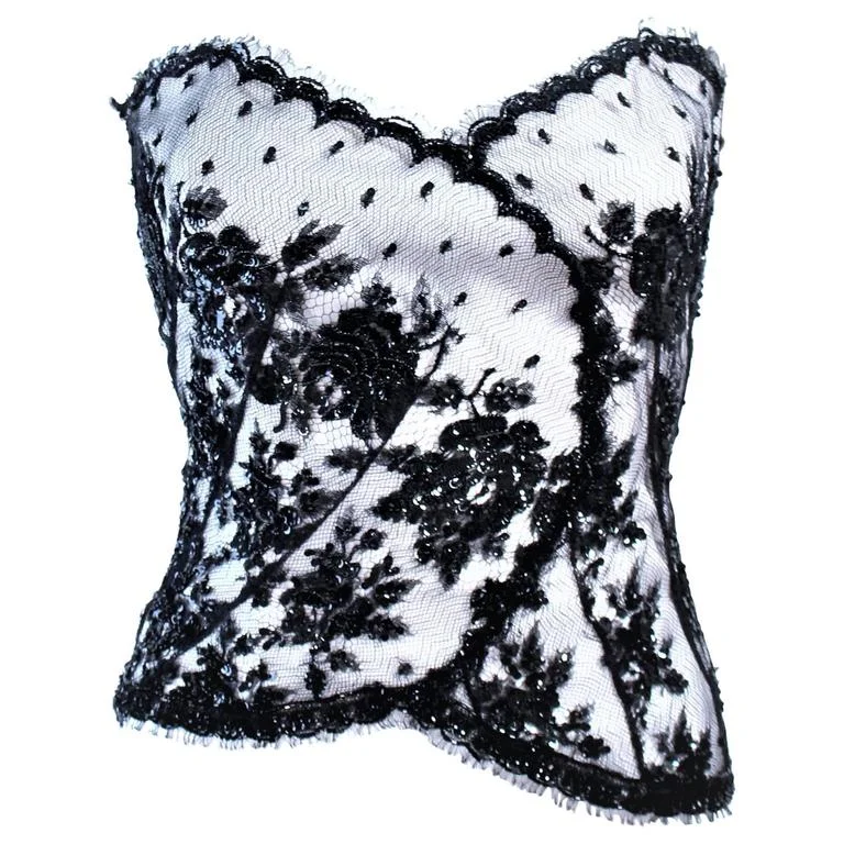 historical reenactment women bustiers and corsetsCHRISTINA PERRIN White and Black Beaded Lace Bustier Size 6