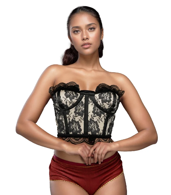 breathable women bustiers and corsets materialsWholesale Bustier Top with Floral Mesh and Scalloped Edges