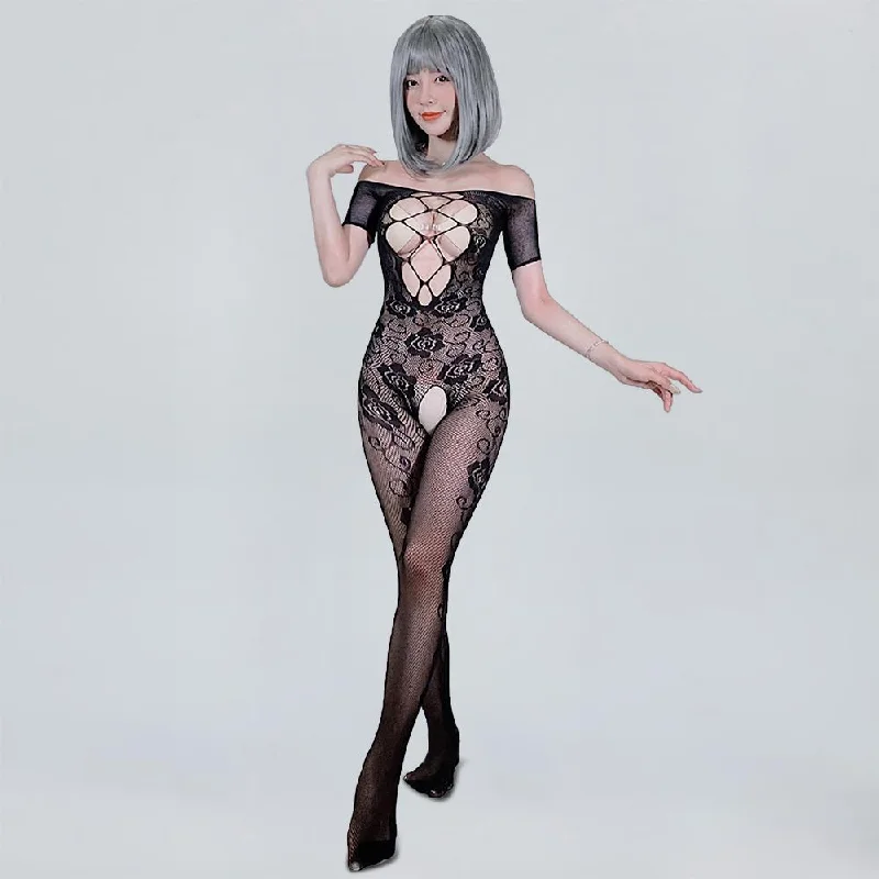 black women sexy lingerie for eleganceFloral Lace Bodystocking Sexy Black Hollow Crotchless Bodysuit