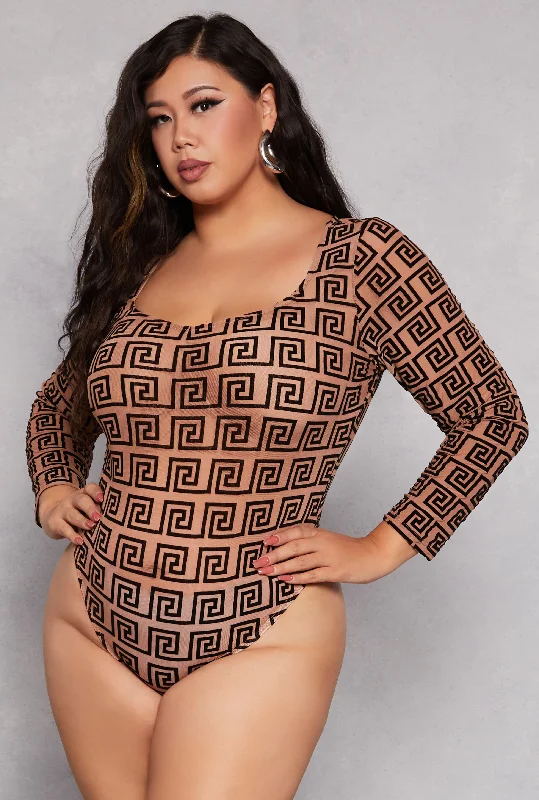 Sleeveless Bodysuits for a Cool and Casual Summer LookPlus Size Mesh Greek Key Velvet Burnout Bodysuit