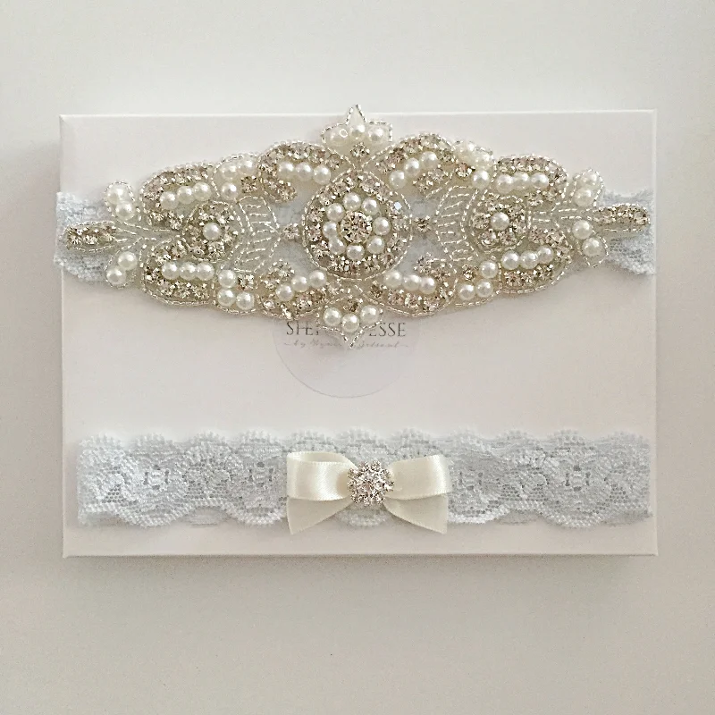 comfortable - to - wear women gartersELISABETH|  Blue Lace Wedding Garters with Crystals and Pearls - Something blue