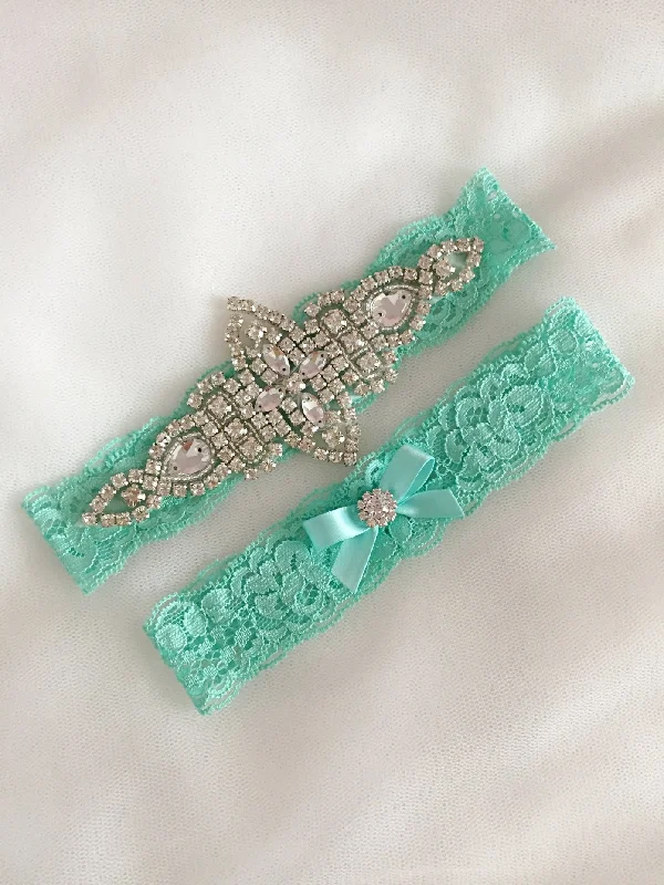 stretchy - material women gartersKENNA | Mint Lace Wedding Garter Set with Crystals