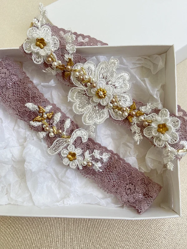 machine made women gartersMAUVE | Mauve and gold bridal garter