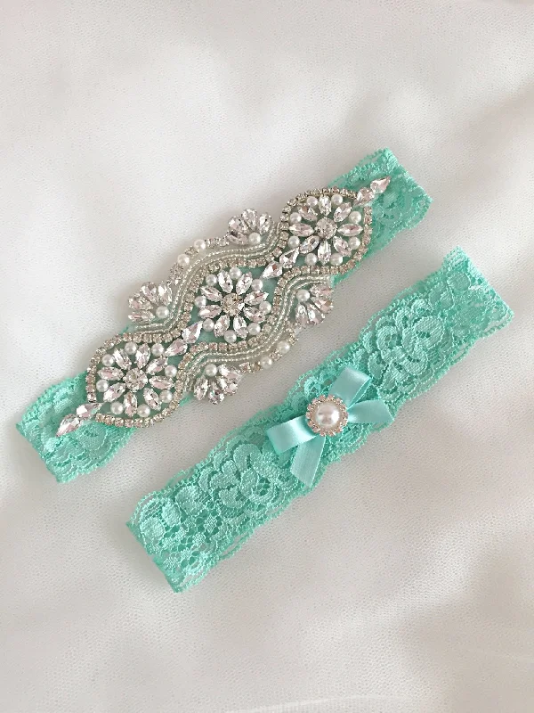 detachable women garters from lingerieLEILA | Seafoam Turquoise Lace Wedding Garter Set with Crystals and Pearls