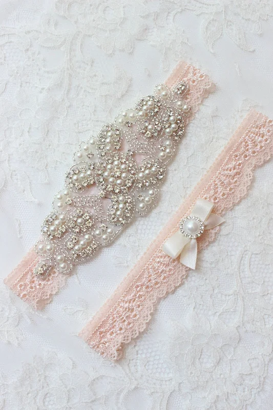 silk women garters luxuryELISABETH | Blush Lace Wedding Garter Set with Crystals and Pearls