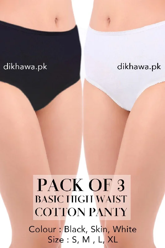 bamboo panties for women with natural softnessBasic High Waist Cotton Panty Pack of 3 - FL-512 - Black Skin & White