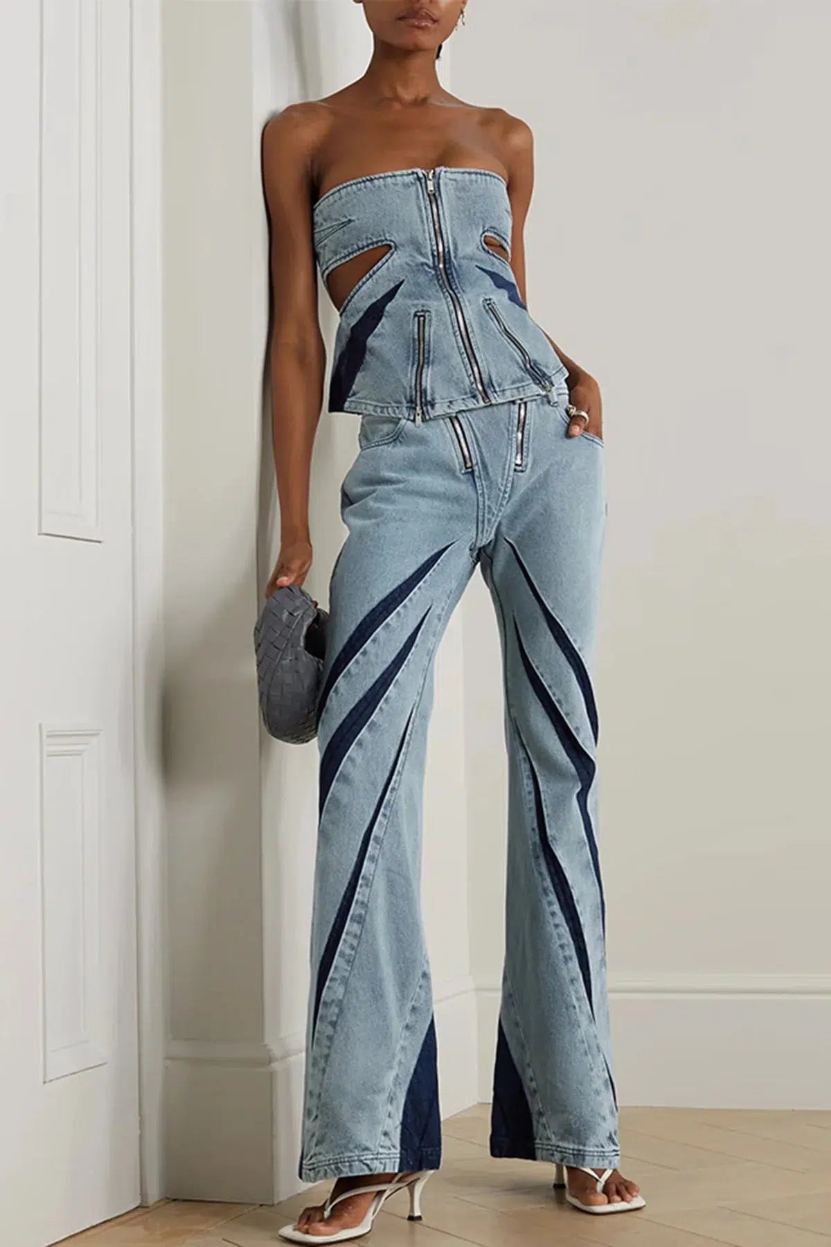 peplum - hem women tube top for a flattering and stylish silhouetteDenim Cut Out Tube Top & Patch Jeans Two Piece Set