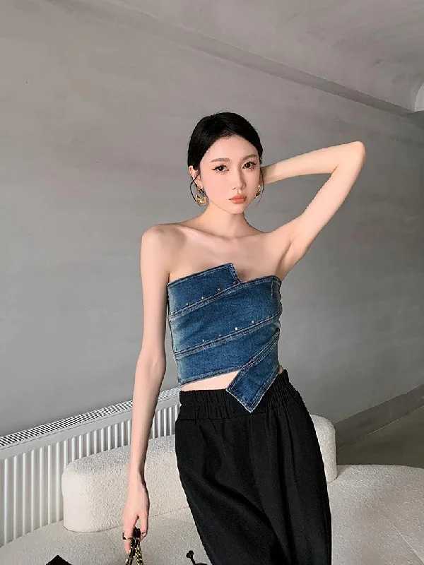 leather women tube top for a tough and edgy lookDenim Tube Top