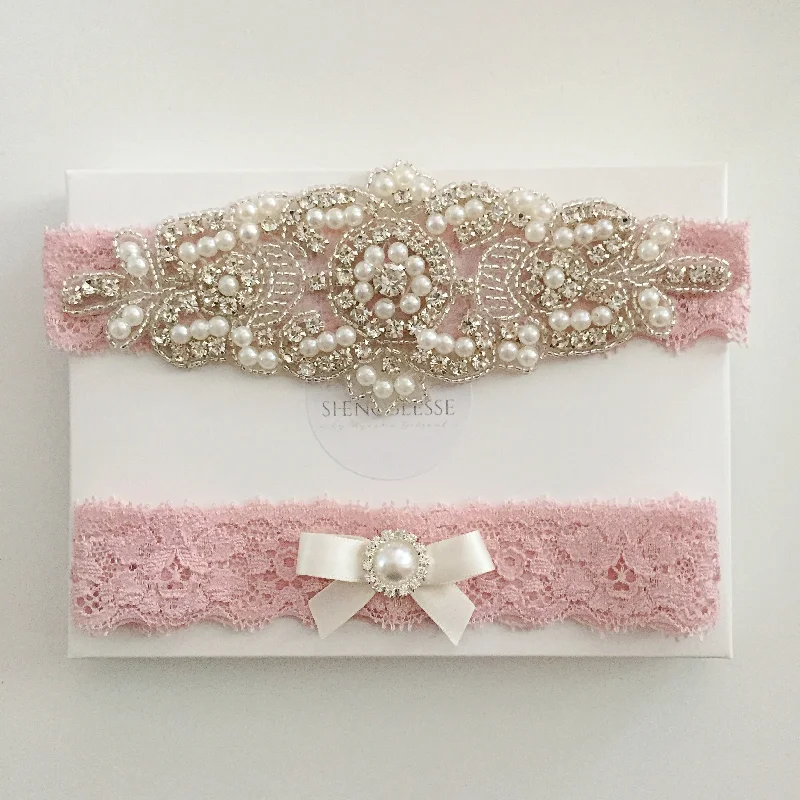 detachable women garters from lingerieELISABETH | Wedding Garter Set with Crystals and Pearls - Dusty Pink