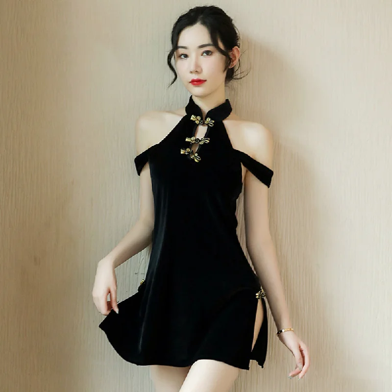 silk women sexy lingerie luxuryYomorio Sexy Chinese Mini Dress Black Cold Shoulder Side Slit Dress