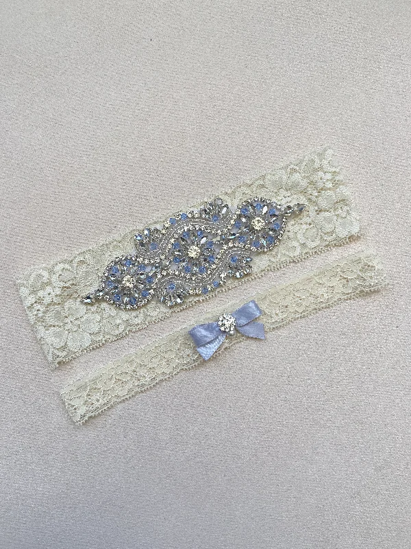 waterproof women garters for special occasionsVICTORIA | Ivory Lace Wedding Garters with Light Blue Crystals - Something Blue