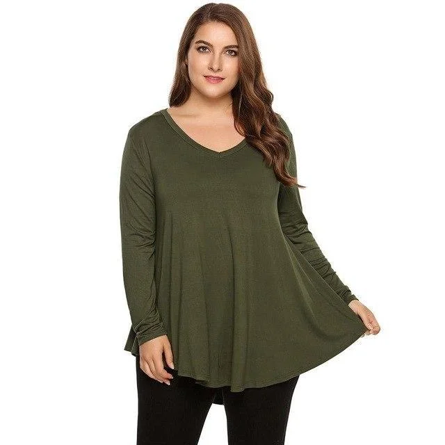 women sexy dresses with open - side detailsANALUKE Solid Pullovers V-Neck Long Sleeve T-Shirt