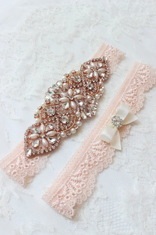 fishnet women garters textureJUDY | Rose Gold Blush Lace Wedding Garter Set with Crystals and Pearls