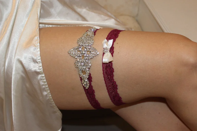 size - specific women gartersLAST ONE READY TO SHIP - KENNA | Burgundy / Red Wine Lace Wedding Garter Set with Crystals