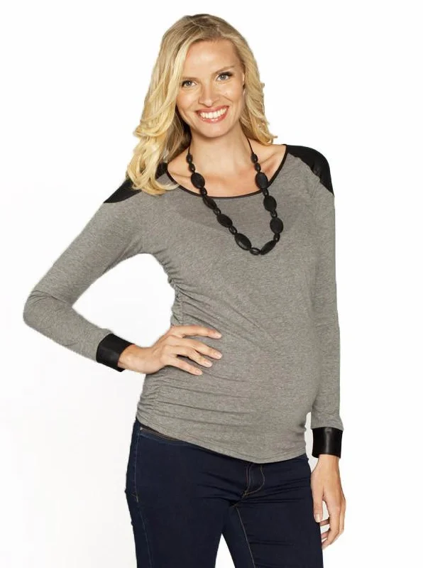 Maternity Long Sleeve Tee with faux leather shoulder patch