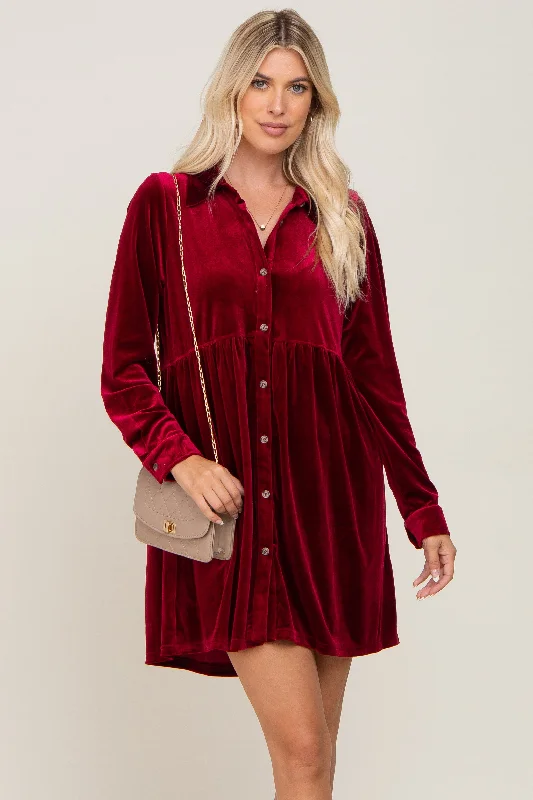 Burgundy Velvet Button Down Mini Dress