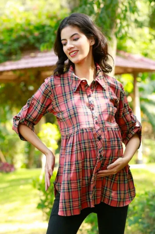 Chic Blush Red Tartan Check Maternity & Nursing Top