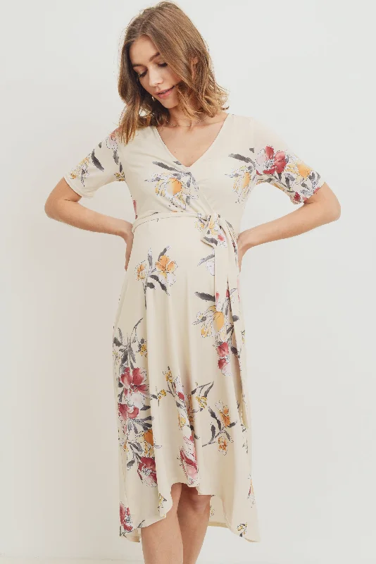 Cream Floral Surplice High-Low Maternity/Nursing Dress