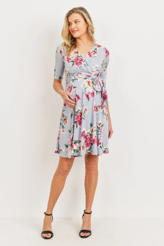 Floral side Tie V-Neck Maternity Dress