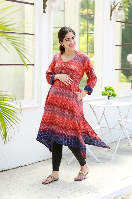 Graceful Reddish Ikat Front Zip Maternity & Nursing Kurta (100% Cotton)