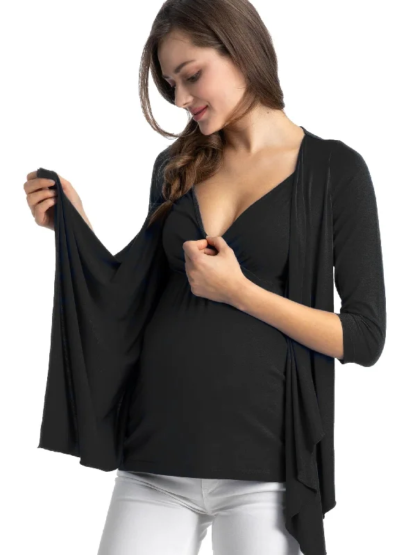 Anemone Maternity & Nursing 3/4 Sleeves Top - Black