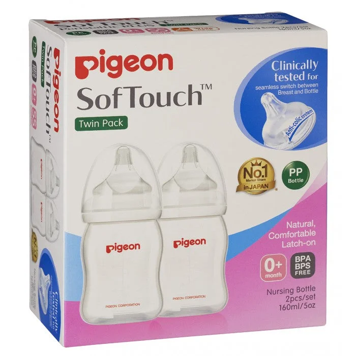 Pigeon SofTouch™ Peristaltic PLUS PP Bottle, Twin Pack Wide Neck Nursing Bottle 160ml (SS Teat) 0m+