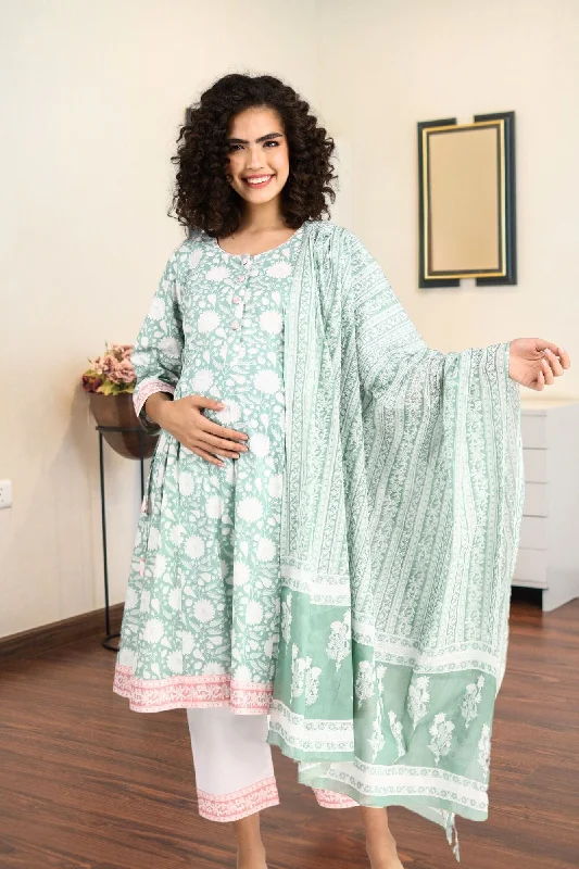 Pistachio Floral Maternity & Nursing Kurta + Bump Band Bottom + Dupatta (3 Pc) (100% Cotton)