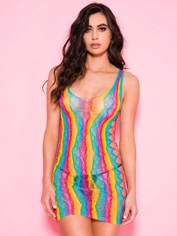 women sexy dresses with spaghetti strapsRainbow Cut Out Net Pattern Mini Dress - One Size