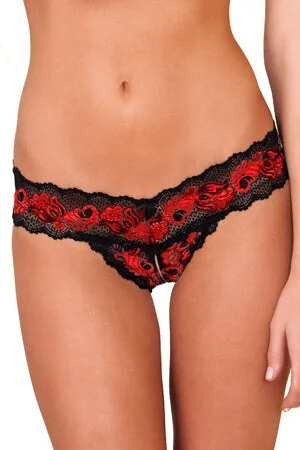 seamless silk - lined women thongs for a smooth and soft feelRed Crotchless Lace V-Thong