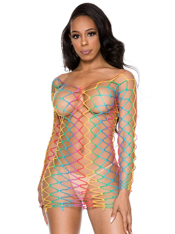 women sexy dresses with bow - back detailsScoop Neck Whale Net Rainbow Mini Dress