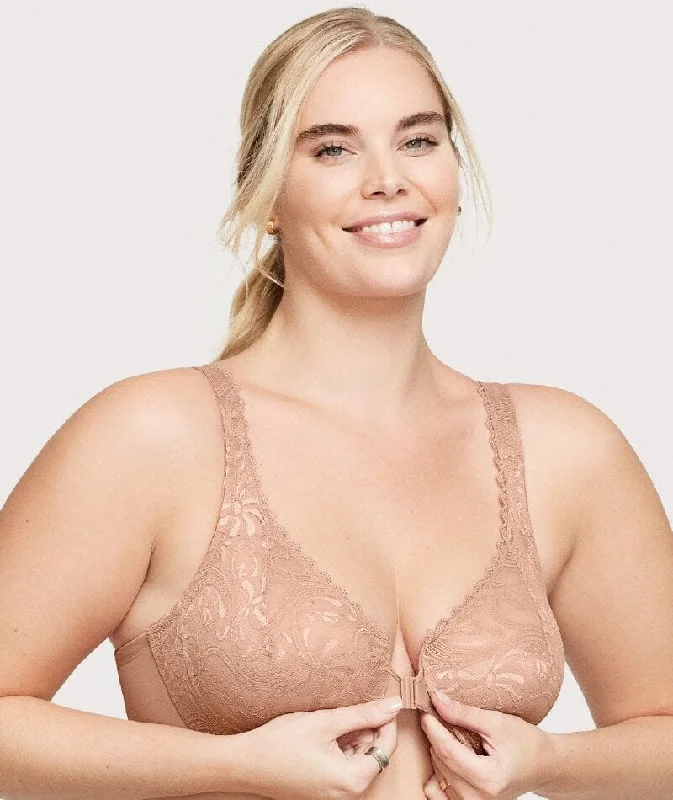 seamless bras for invisible under clothesGlamorise WonderWire Front-Closure Stretch Lace Bra - Cappuccino