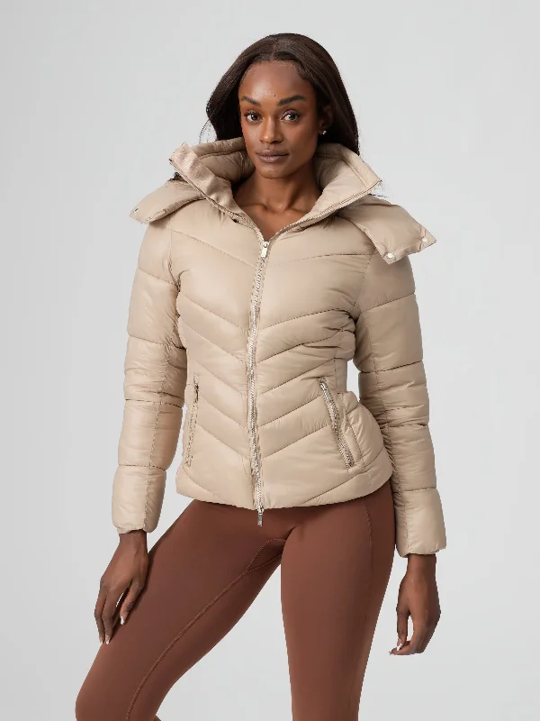 petite adjustable strap women sport braWaist Taper Puffer Jacket - Beige